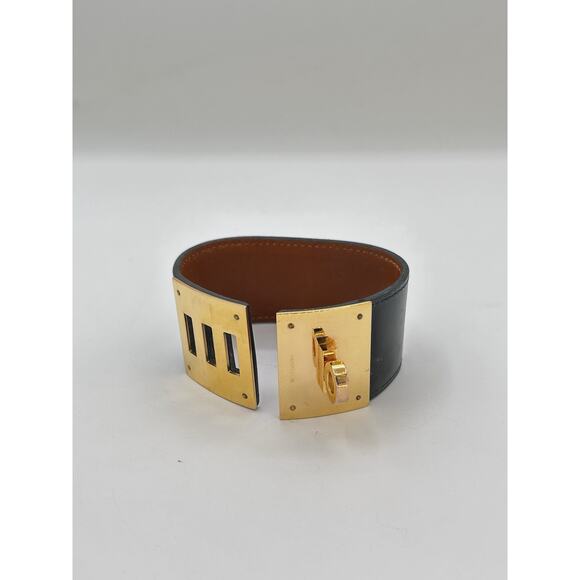 Authentic Hermes Kelly Bangle Bracelet Black Leather Gold Metal Accessory France - Picture 1 of 8